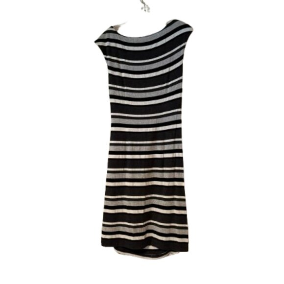 Loft Black/Gray/White Striped Sleeveless Stretch Dress - Faux Wrap - Medium - Picture 2 of 8
